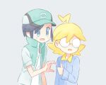  2boys ahoge akasaka_(qv92612) bangs baseball_cap black_hair blonde_hair clemont_(pokemon) commentary_request glasses green_headwear grey_background grey_eyes hat heart_hands_failure high_collar jacket jumpsuit long_sleeves male_focus multiple_boys open_mouth pokemon pokemon_(game) pokemon_masters_ex pokemon_xy scottie_(pokemon) shirt short_hair short_sleeves sleeveless sleeveless_jacket smile thumbs_up tongue white_shirt zipper_pull_tab 