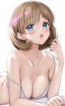  1girl blue_eyes blush bra breasts collarbone eyebrows_visible_through_hair highres large_breasts light_brown_hair looking_at_viewer love_live! love_live!_superstar!! lying on_bed on_stomach open_mouth panties playing_with_own_hair sankuro_(agoitei) short_hair solo strap_slip tang_keke underwear white_bra white_panties 