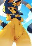 1girl :&lt; absurdres animal_crossing animal_ears ankha_(animal_crossing) ankha_zone ashraely ass_visible_through_thighs black_eyes blue_fur blue_hair blur_censor bob_cut body_fur cat_girl cat_tail censored cloud completely_nude crossed_arms day egyptian from_below frown furry furry_female hair_ornament half-closed_eyes highres navel nude outdoors pussy snake_hair_ornament solo standing striped_tail sun tail yellow_fur 