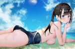  1girl ass back bangs black_hair blue_eyes blue_sky blue_swimsuit blunt_bangs blush breast_press breasts clothes_pull cloud cowboy_shot day elbow_rest from_side hand_up highres horizon long_hair looking_at_viewer lying medium_breasts ocean on_ground on_stomach one-piece_swimsuit original outdoors ponytail sakura_yuu_(hzjy8485) school_swimsuit sidelocks sky smile solo sunlight swimsuit swimsuit_pull topless water wet 