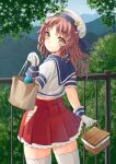  1girl bag basket blue_sailor_collar blue_sky brown_eyes brown_hair day flower forest from_behind gloves hair_flower hair_ornament hat hip_vent kantai_collection long_hair looking_at_viewer looking_back mayura2002 nature one_side_up outdoors paper_bag pleated_skirt puffy_short_sleeves puffy_sleeves railing red_skirt sailor_collar sailor_hat sailor_shirt shirt short_sleeves skirt sky solo standing thermos thighhighs undershirt wavy_hair white_gloves white_legwear white_shirt yashiro_(kancolle) 