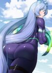  1girl amano_don aqua_eyes ass blue_hair blue_sky bodysuit boku_no_hero_academia cloud day drill_hair from_behind hadou_nejire highres long_hair looking_at_viewer looking_back purple_bodysuit sky solo twin_drills very_long_hair 