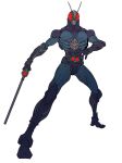  1boy antennae armor catball1994 commentary_request full_armor full_body glowing glowing_eyes helmet highres holding holding_weapon kamen_rider kamen_rider_black_rx kamen_rider_black_rx_(series) looking_at_viewer pose revolcane solo weapon white_background 