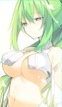  1girl absurdres bare_shoulders breasts buran_buta closed_mouth commentary expressionless eyebrows_visible_through_hair green_hair green_heart hair_between_eyes highres large_breasts long_hair looking_ahead navel neptune_(series) ponytail power_symbol purple_eyes solo symbol-shaped_pupils upper_body very_long_hair 