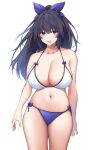  1girl absurdres bangs bare_hips bare_shoulders bikini black_hair breasts cleavage hair_ribbon halterneck happy highres large_breasts legs_together looking_at_viewer multicolored_bikini multicolored_clothes navel open_mouth original ponytail ribbon side-tie_bikini solo standing string_bikini suruga_(xsurugax) swimsuit thighs white_background 