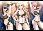  3girls armpits ass_visible_through_thighs bikini black_bikini black_hair blonde_hair breasts cleavage confetti cowboy_shot eyebrows_visible_through_hair fate/grand_order fate_(series) female_pubic_hair hand_on_hip highres hildr_(fate) large_breasts letterboxed long_hair multicolored_background multiple_girls muni_nuren navel nipples nude open_mouth ortlinde_(fate) pink_hair pubic_hair pussy red_eyes smile swimsuit take_your_pick thrud_(fate) valkyrie_(fate) 