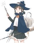  1girl alternate_costume black_cape black_eyes black_hair black_skirt broom cape commentary_request fubuki_(kancolle) highres kantai_collection long_hair long_sleeves low_ponytail ma_rukan machinery pleated_skirt ponytail short_ponytail sidelocks simple_background skirt solo white_background 