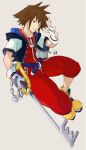  1boy blue_eyes brown_hair fingerless_gloves gloves jewelry keyblade kingdom_hearts kingdom_key looking_at_viewer male_focus necklace open_mouth sakuremi short_hair smile solo sora_(kingdom_hearts) spiked_hair super_smash_bros. 