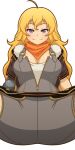  1girl ahoge blonde_hair breasts brown_jacket cleavage commentary_request jacket large_breasts mechanical_arms mike_inel neckerchief orange_neckerchief prosthesis prosthetic_arm purple_eyes raised_eyebrows rwby single_mechanical_arm smile solo spread_legs transparent_background yang_xiao_long 