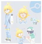  2boys :d akasaka_(qv92612) backpack bag baseball_cap black_hair blonde_hair bottle clemont_(pokemon) clenched_hands closed_eyes closed_mouth commentary_request glasses gotcha! green_headwear grey_eyes hands_up hat high_collar holding holding_bottle jumpsuit long_sleeves male_focus multiple_boys notice_lines opaque_glasses open_mouth outline pokemon pokemon_(creature) pokemon_(game) pokemon_masters_ex pokemon_xy scottie_(pokemon) shinx shirt short_hair sleeveless sleeveless_jacket smile tongue translation_request water_bottle white_bag white_shirt 