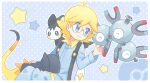  1boy ahoge akasaka_(qv92612) backpack bag bangs blonde_hair blue_eyes border clemont_(pokemon) closed_mouth commentary_request emolga heliolisk highres jumpsuit long_sleeves magneton male_focus poke_ball_symbol pokemon pokemon_(creature) pokemon_(game) pokemon_xy polka_dot polka_dot_background smile star_(symbol) white_bag white_border 