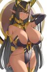  1girl animal_ears ankh arm_behind_head bangs between_breasts black_hair black_leotard blunt_bangs breasts cowboy_shot curvy dark-skinned_female dark_skin detached_sleeves egyptian_clothes elf gold green_eyes hair_lift highres huge_breasts jackal_ears jewelry last_origin leotard long_hair looking_at_viewer neck_ring parted_lips pointy_ears revealing_clothes scarab sekhmet_of_death sixteenpo solo strap_between_breasts thighlet very_long_hair 