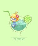  1boy ahoge akasaka_(qv92612) bangs blonde_hair blush character_name clemont_(pokemon) commentary_request drinking_straw flower glass green_background grey_eyes hair_flower hair_ornament ice ice_cube jumpsuit lime_slice liquid looking_at_viewer male_focus miniboy pokemon pokemon_(game) pokemon_xy red_flower simple_background sitting 
