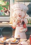  1girl :d antenna_hair apron bangs baron_bunny_(genshin_impact) blonde_hair bread chef chef_hat child cooking fish-flavored_toast food genshin_impact hat highres indoors ketchup_bottle kitchen klee_(genshin_impact) knife long_hair long_sleeves mittens one_eye_closed onion open_mouth pointy_ears red_eyes rolling_pin smile solo table tree twintails window zhijianshenshi 