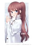  1girl bangs blue_eyes blush brown_hair coat copyright_name eyebrows_visible_through_hair highres long_hair long_sleeves looking_at_viewer new_game! official_art open_mouth page_number ponytail shiny shiny_hair solo standing takimoto_hifumi tokunou_shoutarou very_long_hair white_coat 