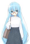  1girl absurdres alternate_costume bag blue_eyes blue_hair blush buran_buta closed_mouth commentary_request cowboy_shot expressionless eyebrows_visible_through_hair glasses hair_between_eyes highres long_hair long_skirt long_sleeves looking_at_viewer neptune_(series) nishizawa_mina no_hat no_headwear shirt simple_background skirt solo white_background white_shirt 