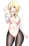  1girl black_legwear blonde_hair blush breasts genshin_impact gweda hand_up long_sleeves looking_at_viewer lumine_(genshin_impact) medium_breasts meme_attire nipples open_mouth reverse_bunnysuit reverse_outfit short_hair simple_background solo white_background yellow_eyes 