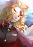  1boy absurdres black_jacket blonde_hair blood blood_from_mouth blood_on_face cape closed_eyes closed_mouth floating_hair highres honmou_(pixiv64700875) jacket kimetsu_no_yaiba long_hair male_focus multicolored_hair red_hair rengoku_kyoujurou solo two-tone_hair upper_body white_cape 
