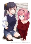  2girls :d black_hair black_hairband black_legwear black_scrunchie black_shorts black_sweater blue_eyes blush collared_shirt copyright_name dress_shirt fang grey_shorts hair_intakes hair_ornament hair_scrunchie hairband hand_on_hip highres kneehighs kneeling long_hair looking_at_viewer medium_hair mochizuki_momiji multiple_girls narumi_tsubame new_game! official_art open_mouth page_number pink_hair red_sweater scrunchie shiny shiny_hair shirt short_shorts shorts side_ponytail smile sweater sweater_vest tokunou_shoutarou white_shirt wing_collar yellow_eyes yellow_scrunchie 