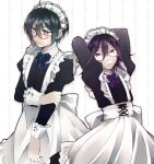  2boys alternate_costume apron bangs bespectacled black_dress black_hair blush bow bowtie brown_eyes crossdressing danganronpa_(series) danganronpa_v3:_killing_harmony dress enmaided fang glasses grin hair_between_eyes highres juliet_sleeves long_sleeves maid maid_headdress male_focus multiple_boys ouma_kokichi puffy_sleeves purple_bow purple_bowtie purple_eyes purple_hair saihara_shuuichi simple_background smile sumika_(rrz03) v-shaped_eyebrows white_apron white_background 