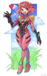  1girl alternate_costume bangs bodysuit breasts chest_jewel highres interface_headset large_breasts neon_genesis_evangelion oomasa_teikoku plugsuit pyra_(xenoblade) red_eyes red_hair short_hair skin_tight solo swept_bangs xenoblade_chronicles_(series) xenoblade_chronicles_2 
