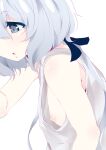  1girl :o breasts commentary_request eyebrows_visible_through_hair grey_eyes hair_ribbon konno_junko looking_away low_twintails ma-yu nipple_slip nipples open_mouth ribbon simple_background small_breasts solo tank_top tied_hair twintails white_background white_hair zombie_land_saga 