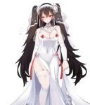  1girl absurdres alternate_costume breasts brown_hair covered_navel detached_sleeves dress earrings girls&#039;_frontline hairband highres jewelry long_hair medium_breasts red_eyes side_slit solo thighhighs twintails type_97_(girls&#039;_frontline) very_long_hair white_dress white_hairband white_legwear yanagui 