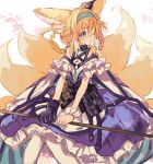  1girl animal_ears arknights bangs bare_shoulders blonde_hair blue_hairband commentary dress fox_ears fox_girl fox_tail frilled_dress frills gloves green_eyes hairband highres holding holding_staff infection_monitor_(arknights) multiple_tails namiharuru oripathy_lesion_(arknights) single_glove solo staff suzuran_(arknights) tail 