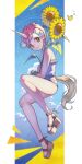  1girl alternate_costume bare_legs bare_shoulders blue_nails blush commentary_request eyebrows_visible_through_hair flower full_body highres horns horse_tail kemono_friends kemono_friends_3 masanari_sore nail_polish one-piece_swimsuit orange_eyes pink_hair platform_footwear sandals short_hair sleeveless solo sunflower swimsuit tail unico unico_(kemono_friends) unicorn_girl white_swimsuit 