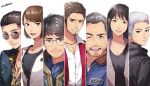  2girls 5boys adachi_kouichi bangs beard black_eyes black_hair black_jacket black_shirt blue_jacket brown_hair closed_mouth collarbone column_lineup facial_hair fur_collar glasses goatee grey_hair hair_slicked_back han_joon-gi hood hood_down jacket jewelry kamataki_eri kasuga_ichiban long_hair mukoda_saeko multiple_boys multiple_girls mustache mutarou_(mu) nanba_yuu necklace one_eye_closed open_mouth partially_unbuttoned red_jacket round_eyewear ryuu_ga_gotoku ryuu_ga_gotoku_7 shirt short_hair simple_background smile sunglasses upper_body white_background white_hair white_jacket white_shirt zhao_tianyou 