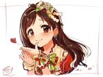  blouse blowing_kiss blush brown_hair commentary cropped_torso dress earrings eyebrows_visible_through_hair flower flower_earrings frilled_cuffs frilled_dress frilled_shirt frills hair_flower hair_ornament hands_up heart highres idolmaster idolmaster_cinderella_girls jewelry long_hair looking_at_viewer mmmakaron888 neck_ribbon puffy_short_sleeves puffy_sleeves red_blouse red_eyes ribbon shirt short_sleeves shy signature simple_background smile tsujino_akari upper_body white_shirt wrist_cuffs 