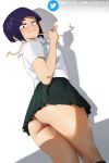  1girl ass atric18 bangs black_hair black_skirt blush boku_no_hero_academia collared_shirt commentary english_commentary from_below grey_background grey_shirt highres holding jirou_kyouka looking_at_viewer looking_back no_panties pleated_skirt school_uniform shadow shirt short_hair short_sleeves skirt smile solo web_address 