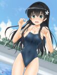  1girl absurdres alternate_costume areola_slip areolae arms_up artist_name ass_visible_through_thighs bangs black_hair blue_eyes blue_sky breasts cameltoe cleavage commentary_request covered_navel day embarrassed flower hair_flower hair_ornament highres long_hair medium_breasts nao_suke one-piece_swimsuit outdoors pool saten_ruiko school_swimsuit shiny shiny_hair sky solo standing swimsuit thigh_gap tight toaru_kagaku_no_railgun toaru_majutsu_no_index undersized_clothes 