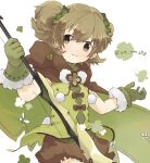  1girl :3 aino_mito bow brown_eyes brown_hair cloak clover clover_hair_ornament commentary_request fur-trimmed_gloves fur_trim gloves hair_ornament highres magia_record:_mahou_shoujo_madoka_magica_gaiden magical_girl mahou_shoujo_madoka_magica ribbon solo soul_gem twintails un_nm5sy 