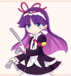  1girl bangs blue_eyes blunt_bangs blush_stickers closed_mouth eyebrows_visible_through_hair feli_(puyopuyo) hairband holding juliet_sleeves long_hair long_sleeves looking_at_viewer polka_dot polka_dot_background puffy_sleeves purple_hair puyopuyo red_ribbon ribbon smile solo takazaki_piko tsurime twitter_username watermark 