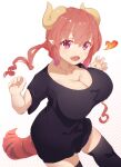  1girl black_legwear black_shirt blush breasts curled_horns dragon_girl dress eyebrows_visible_through_hair fang hair_between_eyes highres horns huge_breasts ilulu_(maidragon) kobayashi-san_chi_no_maidragon long_hair looking_at_viewer low_twintails open_mouth pleated_dress red_eyes red_hair same_(sendai623) shirt short_sleeves smile solo thighhighs twintails very_long_hair white_background 