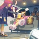  2girls :3 :d animal_ears barrel beer_mug black_hair blue_jacket blue_skirt boa_(brianoa) brown_footwear buck_teeth carrot_necklace closed_mouth couch crossed_legs cup dress fake_facial_hair fake_mustache foam_mustache highres inaba_tewi indoors jacket long_sleeves medium_hair miniskirt mug multiple_girls on_couch open_mouth paw_shoes pink_dress rabbit_ears red_eyes reisen_udongein_inaba shoes sitting skirt smile smug socks sweatdrop tankard teeth touhou twitter_username two-sided_fabric two-sided_skirt white_legwear window |_| 