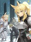  1boy 3girls absurdres animal_ears arknights armor aunt_and_niece bangs blemishine_(arknights) blonde_hair blue_eyes cape closed_mouth commentary_request fur-trimmed_cape fur_trim hat highres horse_boy horse_ears horse_girl kobarisusuz long_hair mlynar_(arknights) multiple_girls nearl_(arknights) one_eye_closed open_mouth ponytail short_hair siblings sisters uncle_and_niece whislash_(arknights) yellow_eyes 