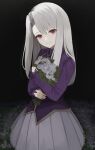  1girl bangs black_background bouquet closed_mouth commentary_request commission eyebrows_behind_hair fate/stay_night fate_(series) flower grey_hair hair_between_eyes head_tilt highres illyasviel_von_einzbern long_hair long_sleeves looking_at_viewer object_hug pleated_skirt puffy_long_sleeves puffy_sleeves purple_shirt red_eyes shirt skeb_commission skirt sleeves_past_wrists smile solo white_flower white_skirt yamada_maya_(yamdmay) 