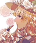  1girl blonde_hair blush brown_headwear brown_vest commentary cosmetics eyebrows_visible_through_hair eyelashes frilled_hat frills hat hat_feather holding holding_lipstick_tube jacket_girl_(dipp) lipstick lipstick_tube long_hair makeup owannu touhou upper_body vest wavy_hair yellow_eyes 