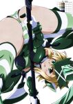  1girl :p akatsuki_kirika ass between_breasts between_legs blonde_hair blush breasts cameltoe commentary_request covered_navel covered_nipples green_eyes green_leotard headgear highres impossible_clothes impossible_leotard large_breasts leotard looking_at_viewer pole_dancing scythe senki_zesshou_symphogear shiny shiny_clothes shiny_hair shiny_skin short_hair skin_tight smile solo striped striped_legwear tappa_(esperanza) thighhighs tongue tongue_out white_background 