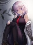  1girl :o bangs bare_shoulders between_breasts black_dress black_legwear blush breasts brown_footwear chaldea_logo collared_dress commentary_request dress eyebrows_visible_through_hair eyes_visible_through_hair fate/grand_order fate_(series) fingernails grey_jacket hair_between_eyes hair_over_one_eye highres indoors jacket large_breasts light_purple_hair looking_at_viewer mash_kyrielight necktie necktie_between_breasts neko_daruma off_shoulder open_clothes open_jacket open_mouth pantyhose purple_eyes red_necktie short_hair sitting solo tongue 