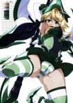  1girl akatsuki_kirika blonde_hair blush breasts cameltoe covered_navel covered_nipples elbow_gloves gloves green_eyes green_leotard headgear highres impossible_clothes impossible_leotard large_breasts leotard looking_at_viewer open_mouth scythe senki_zesshou_symphogear shiny shiny_clothes shiny_hair shiny_skin short_hair skin_tight skindentation smile solo spread_legs striped striped_legwear tappa_(esperanza) thighhighs white_background 