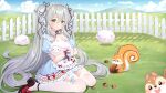  1girl akuma_(ogino-m) blue_dress blush braid cloud cloudy_sky commentary_request day dress fence field grass hair_between_eyes hair_ribbon highres hill holding light_smile long_hair looking_at_viewer nut_(food) original outdoors pinecone plant ribbon sheep silver_hair sitting sky solo squirrel thighhighs two_side_up very_long_hair wariza white_legwear wrist_cuffs yellow_eyes 