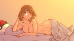  1girl bed bed_sheet blue_eyes breasts brown_hair commentary english_commentary highres large_breasts may_(pokemon) navel nude poke_ball pokemon pokemon_(game) pokemon_rse scorpdk short_hair solo 