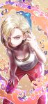  1girl absurdres amaguchi_chiyoko android_18 bent_over blonde_hair blue_eyes dragon_ball dragon_ball_super ear_piercing earrings hair_behind_ear hand_on_own_knee highres hoop_earrings jewelry looking_at_viewer multicolored_background pants piercing pink_pants shirt short_hair single_earring solo tank_top white_shirt 