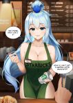  1girl :d apron aqua_(konosuba) artist_name badge bangs beads blue_eyes blue_hair blurry blurry_background blurry_foreground breasts character_name cinnamon_roll cleavage clothes_writing collarbone commentary cowboy_shot cup depth_of_field disposable_cup english_commentary english_text eyebrows_visible_through_hair green_apron hair_beads hair_between_eyes hair_ornament highres holding holding_cup holding_marker iced_latte_with_breast_milk_(meme) id_card kono_subarashii_sekai_ni_shukufuku_wo! large_breasts long_hair looking_at_viewer marker meme menu_board naked_apron open_mouth pointing pov pov_hands sasoura smile solo_focus speech_bubble starbucks very_long_hair 
