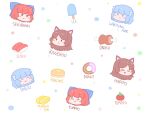  3girls :3 ^_^ animal_ears bangs blue_bow blue_hair bow brown_hair character_name closed_eyes closed_mouth dotted_background doughnut english_text face food grass_root_youkai_network hair_bow head_fins ice_cream imaizumi_kagerou long_hair meat multiple_girls multiple_views open_mouth pancake red_hair sekibanki short_hair smile sushi symbol-only_commentary tomato touhou wakasagihime white_background wolf_ears zenerat 