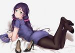  1girl absurdres artist_name bangs black_legwear blush closed_mouth commentary feet flight_attendant foot_focus full_body green_eyes gxdy hair_ornament hat high_heels highres legs legs_up long_hair looking_at_viewer looking_back love_live! love_live!_school_idol_project low_twintails lying no_shoes on_stomach pantyhose parted_bangs pout purple_hair shoes shoes_removed short_sleeves signature soles solo the_pose toujou_nozomi travel_attendant twintails uniform 