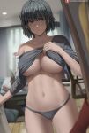  1girl bangs bare_shoulders black_hair black_panties black_shirt blue_eyes breasts clothes_lift collarbone commentary curtains eyebrows_visible_through_hair fubuki_(one-punch_man) highres indoors large_breasts lifted_by_self long_hair long_sleeves looking_at_viewer navel one-punch_man panties patreon_username shexyo shirt shirt_lift short_hair solo thighs underboob underwear window 